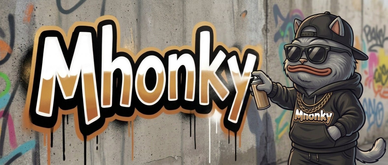 Mhonky graffiti on a concrete wall, the mascot spraying the letters